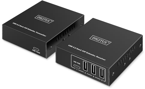 DIGITUS Extender USB 3.2 Gen1 su Ethernet – Hub USB a 4 Porte – 3X Tipo A, 1x Tipo C – Raggio di 100 m con Cavo di Rete Cat 6 – 5 Gbps – Nero
