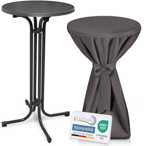Beautissu Grauer Stehtisch klappbar mit Premium Stehtischhusse Outdoor | 60cm Anthrazit wetterbeständig kratzfest UV-beständig Husse rutschfest waschbar mit Schleifenband Bistrotisch rund Bellini