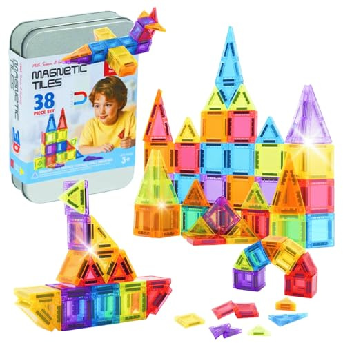 LARCIVELLE Mini Magnetische Bausteine – 38 Teile Reise-Set im Metallkoffer, Kompatibel mit 7,5 cm Magnetbausteine, Perfekt für Auto & Flugzeug BMBASC01T