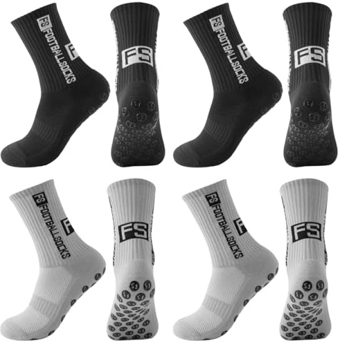 KEWUF 4 Paires Chaussette Antidérapante Foot Chaussettes Antiderapantes Homme Femme, Chaussettes Antidérapantes Foot, Chaussette foot, EU 39-46 Chaussette Sport pour Football Basket Rugby, Noir+Gris