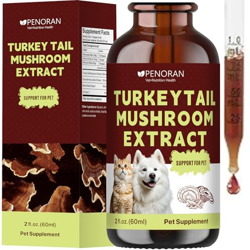 Gocce di Funghi Coda di Tacchino per Cani e Gatti, con Reishi e Chaga. Adatte a cuccioli, anziani e post-operatori, offrono regolazione immunitaria e azione antiossidante.