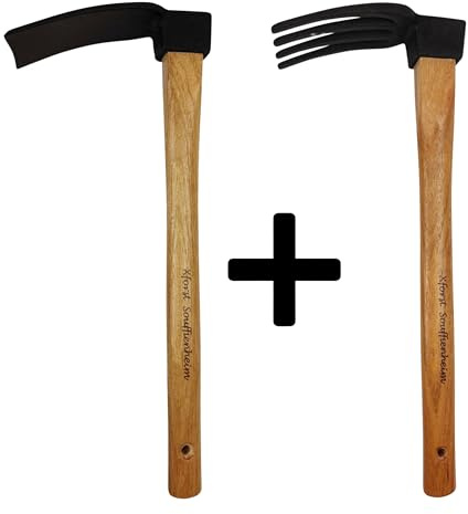 Xforst Kit de Houes de Jardin – Mini Houe à Lame Droite + Houe à 4 Dents – Manche en Bois de Hickory 40 cm – Tête en Acier Forgé Noir – Outils de Jardinage Polyvalents