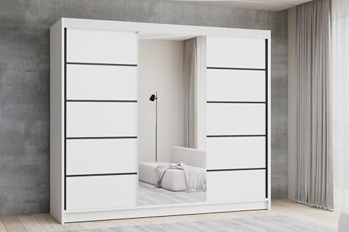 Krudox VELAR Weiß mit schwarzen Streifen Schiebetürenschrank Kleiderschrank 3-türig 200x215x60 cm mit Spiegel Schlafzimmermöbel Mehrzweckschrank mit 2 Kleiderstangen und 4 Schubladen