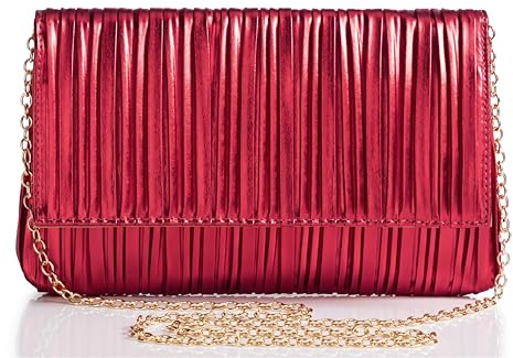 BABEYOND Bolsos de mano para mujer, elegantes bolsos de noche, bolsos de fiesta, bolsos plisados con solapa con cadena para baile, boda y fiesta, Red, 9.8 × 6.3