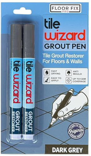 Dark Grey Grout Pen Tile Grout Paint Marker From Floor-Fix Pro | Waterproof Grout Colorant & Sealer Pen | Bathroom & Kitchen Tile Grout Whitener | Narrow 5mm Precision Tip | 2 Pack