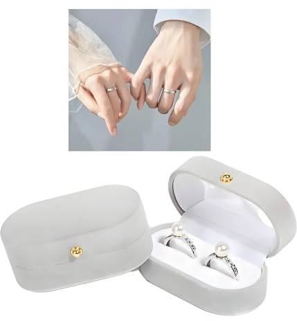 Luxury Grey Velvet Double Ring Box for Wedding & Engagement Rings – Elegant Jewelry Display & Storage Case with Gold Button Closure, Ideal for Proposal, Ceremony, Travel, and His & Hers Gift Bands