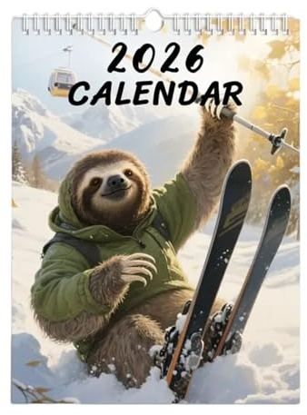 Tanakeji Calendrier Animalier Drôle 2026 - Planificateur 12 Mois Thème Paresseux Ski | 21x28cm Calendrier Décoratif Mignon - Pour La Maison Le Bureau Le Dortoir L Appartement La Chambre Le Salon L