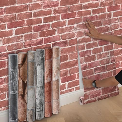Anttyscar 2Roll Red Brick Wallpaper - 3D Effect Textured Brick Effect Wallpaper for Realistic Faux Bricks Wall Covering，Anti-Fouling Slate for Bedroom Living Room Hallway Stairs Lounge