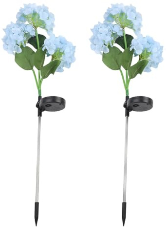 Opatiny Confezione da 2 luci solari da giardino con design a 3 teste di ortensia, decorazione per esterni, accensione automatica, blu e viola, altezza 72 cm