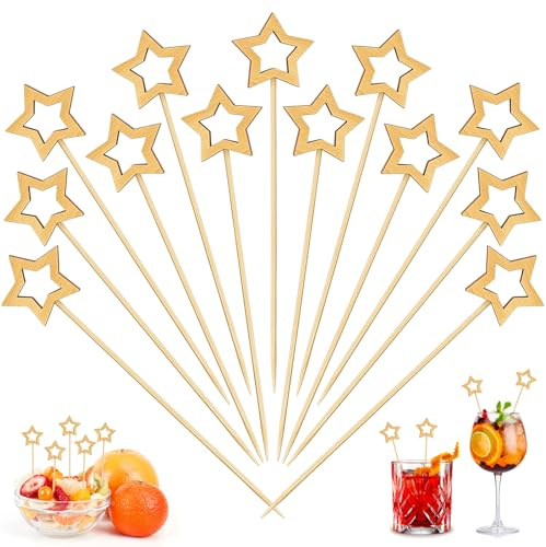 Hysagtek Stjärnor cocktailspett – 200 stycken träspett träspett fingermat, 14 cm guldstjärna festspett, cocktailplock, tandpetare trä för frukt, grillmat, cupcakes och cocktails