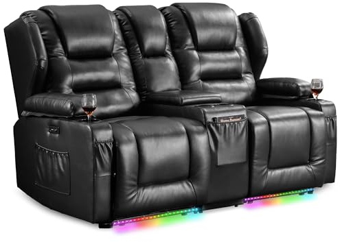 SITURAY Power Loveseat Recliner Sofa with Console, Faux Leather 2 Seater Wall Hugger Reclining Sofa, Home Movie Theater Seating Chair with Cup Holders for RV Living Room (Black, 2 Seat with Console)