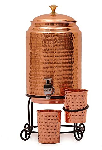 Handcrafted Pure Copper Hammered Water Dispenser with Stand & 2 Copper Glasses | Traditional Drinking Water Pot for Home Kitchen Daily Use -(05 Liter)