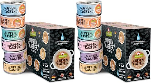 GranataPet Suppenkasper Multipack 6 Sorten, 12 x 70 g, Snacks für Katzen, Leckerchen für extra Flüssigkeitszufuhr, Suppe gegen den kleinen Hunger, Katzenfutter ohne Getreide und ohne Zuckerzusätze
