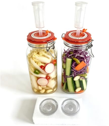 LUPATDY Lot de 2 Bocaux en Verre 2L, Pots de Fermentation avec Poids, pour Kéfir, kKmchi, Choucroute, Levain