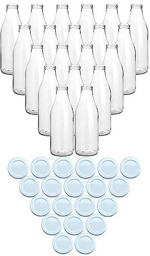 gouveo 20er Set Saftflasche 1000 ml mit Schraubdeckel weiß - Große Glasflasche 1 Liter mit TO48 Verschluss - Leere Flasche zum Befüllen (SF1000W)