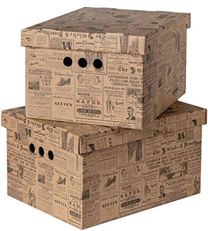 SOFTILLO Pack of 2 Decorative Storage Set – Multi-Use Organiser Boxes With Lids – Home Office, Bedroom & Wardrobe – General Archive Box with Stylish Lid – Xlarge Old Newspaper Design