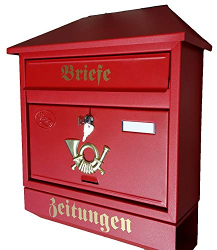 Naturholz-Schreinermeister Großer Briefkasten/Postkasten XXL Rot/Matt mit Zeitungsrolle Zeitungsfach Schrägdach Trapezdach