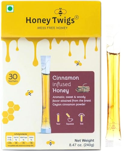 Cinnamon Infused Honey Sachets - 30 Count Single Serve Honey Sticks - 8 ml per sachet | 100% Pure, On the Go, Mess Free | HONEY TWIGS