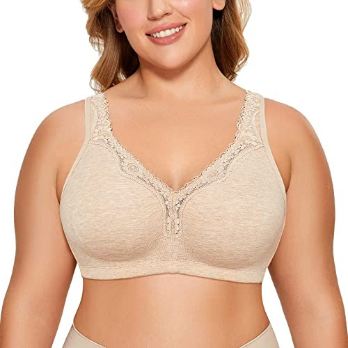 Delimira Women's Non Wired Bras Full Coverage Cotton Comfort Bra Plus Size Non Padded Soft Bras Oatmeal Heather 46C