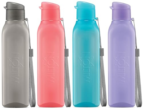 MILTON Sports Water Bottle Square Juice Box 4 Set Great for Juices Milk Smoothies Plastic Wide-Mouth Reusable Leak Proof Drink Bottle/Carton for School Bags Lunch Boxes Gym Flip Lid -BPA Free - 17 oz