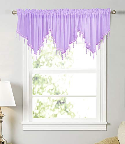 Molaxhome Lace Valance Swag Curtain 51 Inch Scalloped Sheer Curtain Panels with Crystal Beads - Rod Pocket Farmhouse Window Treatment for Kitchen Bedroom 1pc Boho Chic Drape Decor purple