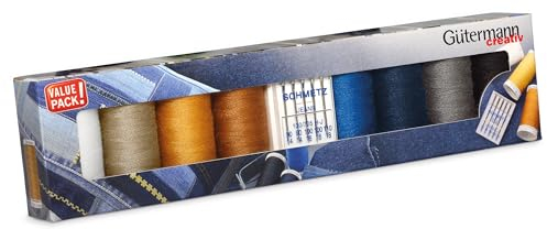 Gütermann creativ Nähfaden-Set mit 8 Spulen Profi-Jeansfaden Denim 100 m in den typischen Jeanssteppfarben + 5 Jeans-Nähmaschinennadeln von SCHMETZ