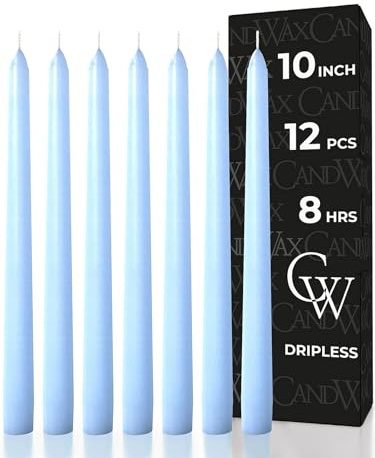 CANDWAX 25 cm Taper Candles Set of 12 - Dripless Tapered Candles Unscented Candle Sticks - Long Dinner Candles Perfect as Christmas Candles Long Burning - Light Blue Candles