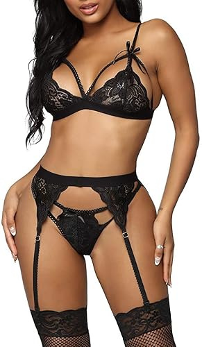 JFAN Lencería para Mujer Push Up Ropa Interior Babydoll con Tanga Ligas y Ligueros Negro XL