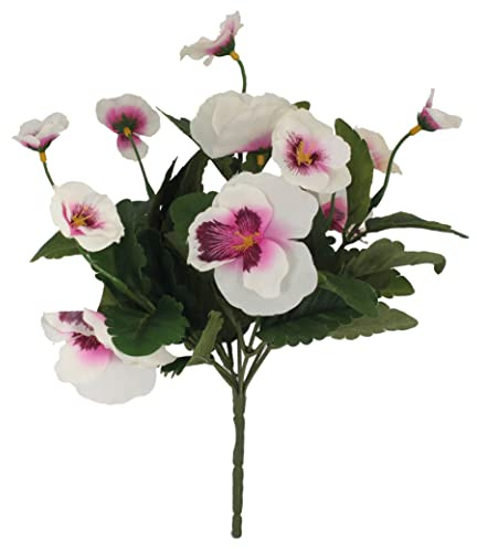 Blooming Artificial Outdoor and Indoor Plant, Weather Resistant, Faux Decorative Flowers, Easy Care, Perfect for Gardens and Patios (Pansy Bush) (White/Pink) (28cm) (6 Pack)