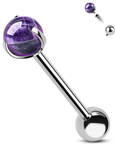 CM Crareesi Mania G23 Solid Titanium Tongue Bars 14G Amethyst Tongue Piercing Jewellery Internally Thread Tiger‘s-eye Acrylic Tongue Ring 16mm Cute Titanium Tongue Barbells for Women Men(Amethyst)