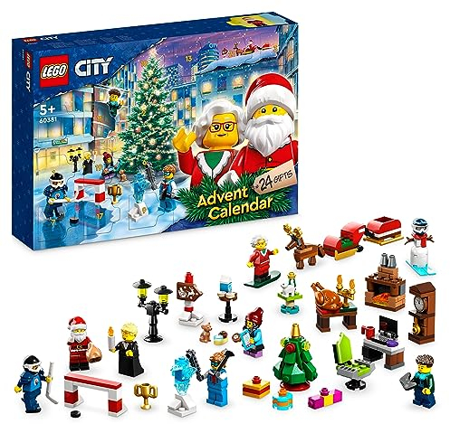 LEGO 60381 City Adventskalender 2023, Weihnachtskalender mit 24 Geschenken inkl. Weihnachtsmann- und Rentier-Figuren plus Winterwunderland-Spielmatte, Geschenk für Kinder, Jungen, Mädchen