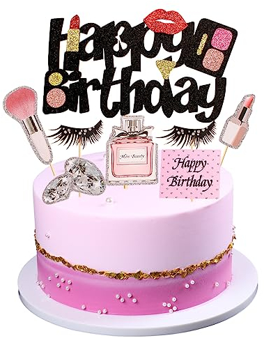 Weenkeey 15 pezzi trucco Cupcake Toppers tema cosmetici Torta compleanno felice Toppers Rossetto trucco spazzole diamante profumo bottiglia torta picks per la doccia nuziale ragazze festa compleanno