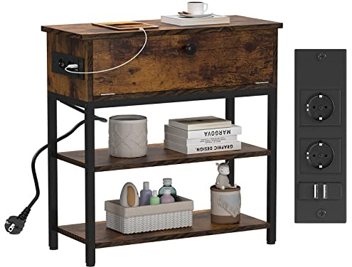 PIPIPOXER Table de Chevet avec Prise de Courant, Table de Chevet avec Ports USB et Prises, Table d'appoint à Rabat pour Petits espaces/Table d'appoint Fine pour Salon, Chambre à Coucher, Bureau