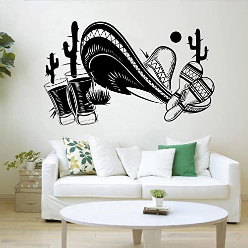 HUANYIN Wall Sticker Mexican Straw hat Agave Cactus Decorative appliqué Vinyl Home Decoration Accessories for Living Room Bedroom, 93x57cm