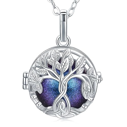 CELESTIA Bola Grossesse, Argent Plaque Collier Bola Grossesse Arbre de Vie Pendentif avec Boule de Carillon Longues Chaîne 88~114 cm