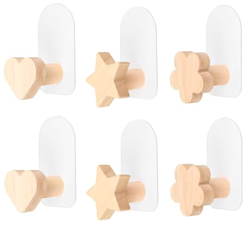 RUNEAY Ganci appendiabiti per bambini, 6 pezzi, ganci da parete in legno, autoadesivi, senza foratura, per la cameretta dei bambini, per cappello, sciarpa, cappello, borsa