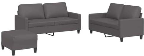 vidaXL Sofagarnitur 3-TLG., Sessel Couch mit Kissen Fußhocker, Sofa Wohnzimmersofa mit Armlehnen, Couchgarnitur Designsofa Sitzmöbel Polstermöbel, Grau Kunstleder