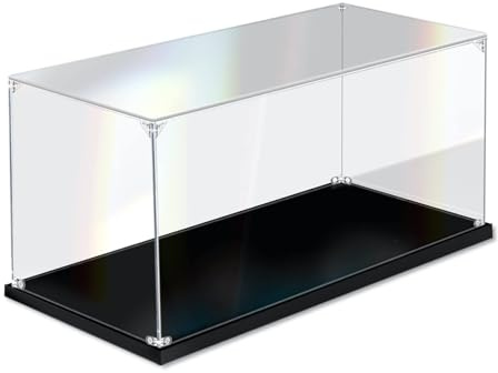 DOFOPO Acryl Vitrine Schaukasten Selbstmontage Klar Acrylbox 30 x 20 x 20cm | Staubdichte Transparente Display Case für Lego Bausteinmodelle, Figuren & Spielzeug mit Schwarzer Basis; Handschuhe Putztuch