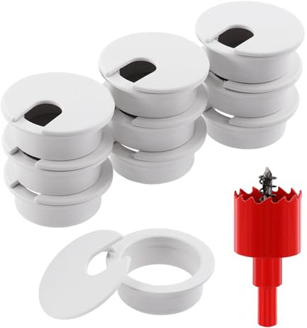 Glarks 11Pcs White Desk Grommet 1-3/8inch Desk Adjustable Cable Hole Covers with 1Pc Hole Saw, Table Wire Cable Ring Hole Cover for Office and Home Table Cable