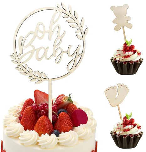 NATOSU Oh Baby Cake Topper Holz, Oh Baby Kuchen Topper für Babyparty Baby Shower Gender Reveal Partydeko, Kuchenstecker Kuchendeko Tortendeko