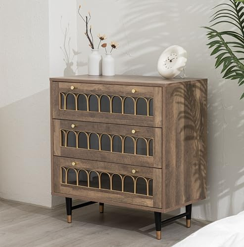 Home Stuff Plus Chest of Drawers - Wooden 3-Drawer With Metal Rail Accent - Brown Drawers for Storage - Modern Design Chest of Drawers for Bedroom Living Room, Hallway, Nursery - W73 X D40 X H78cm