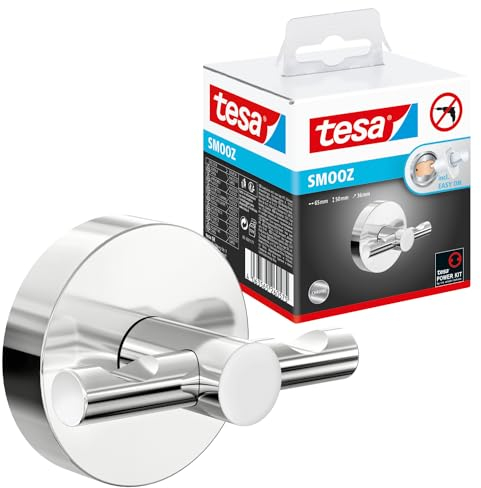 tesa SMOOZ Handtuchhaken, verchromter Edelstahl - Bad-Haken zur Wandbefestigung ohne Bohren, inkl. Klebelösung - 63 mm x 50 mm x 50 mm