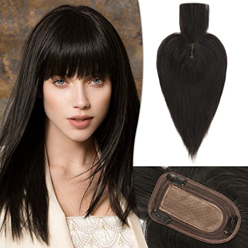 RUWISS Echthaar Hair Topper für Frauen Krone Toppers With Pony Kurze Perücken Haarteile für Dünnes Haar 7.5 * 13CM Silk Base 100% Echtes Menschliches Haar Clip in Topper 25 CM 35g (Natürlich Schwarz)