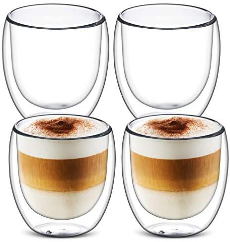 4x250ml Double Walled Insulated Glass Coffee Mugs,Cappuccino Mugs,Insulated Latte Drinking Cups,Clear Glasses Mugs for Latte,Hot Drinks Tea Milk Juice Ice Cream (250ml)
