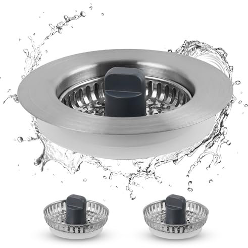 All Metal Kitchen Sink Strainer with Drain Stopper Assembly, iFealClear Stainless Steel Pop Up Kitchen Sink Stopper Fits US Standard 3-1/2'' Drain, Extra with 2 Basket Strainers, Brushed Nickel