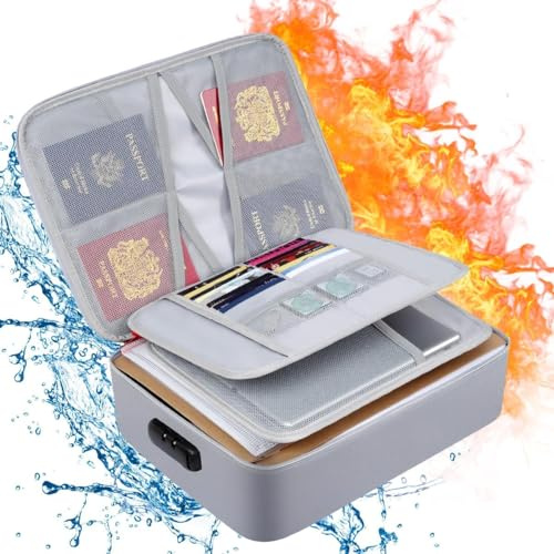 Sonhomay Feuerfeste Dokumentenbox, große Kapazität, 3-lagig, feuerfest, Dokumententasche, wasserabweisend, Dokumenten-Organizer-Box mit Schloss für Pässe, Zertifikate, Akten und Wertsachen