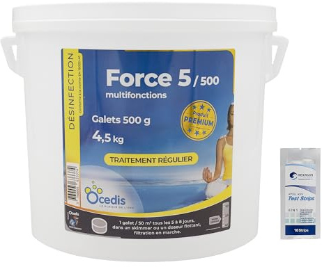 OCEDIS Force 5-500 Multifonctions Galet 500g - 4,5kg | Chlore Lent Stabilisé Multiaction - Non Comburant - Désinfection Régulière Multifonction - Dissolution Lente + 10 Tests HPS OFFERTS 6 en 1