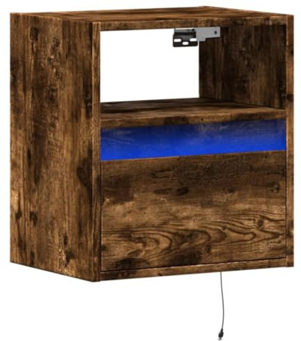 vidaXL Table de Chevet Murale avec lumières LED chêne fumé, Table de Chevet Flottante, Support de téléphone, Table de Chevet à LED
