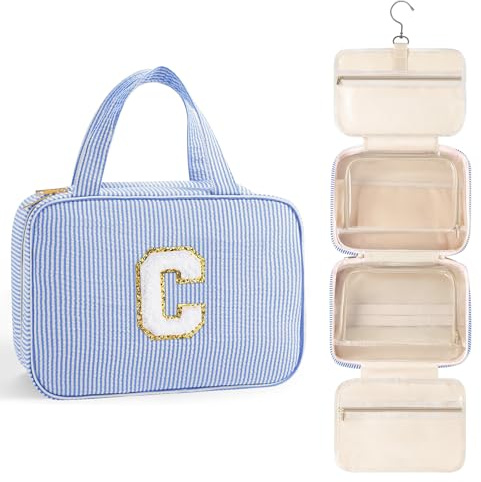 TOPEAST Hanging Toiletry Bag for Women - Travel Toiletry Bag Makeup Bag, Portable Toiletries Travel Bag and Cosmetic Bag, Airplane Travel Essentials - Letter C, Blue