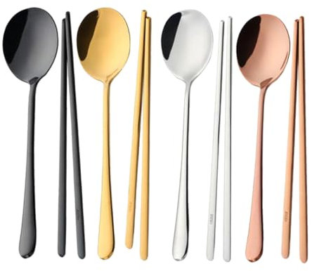 COLLBATH 4sets Acciaio Inossidabile Bacchette e Cucchiai Coreani Design e Robusto Per Feste e Oro Rosa Nero